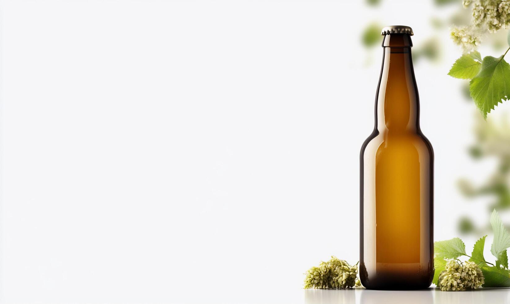 A brown beer bottle surrounded by hops and greenery. photo
