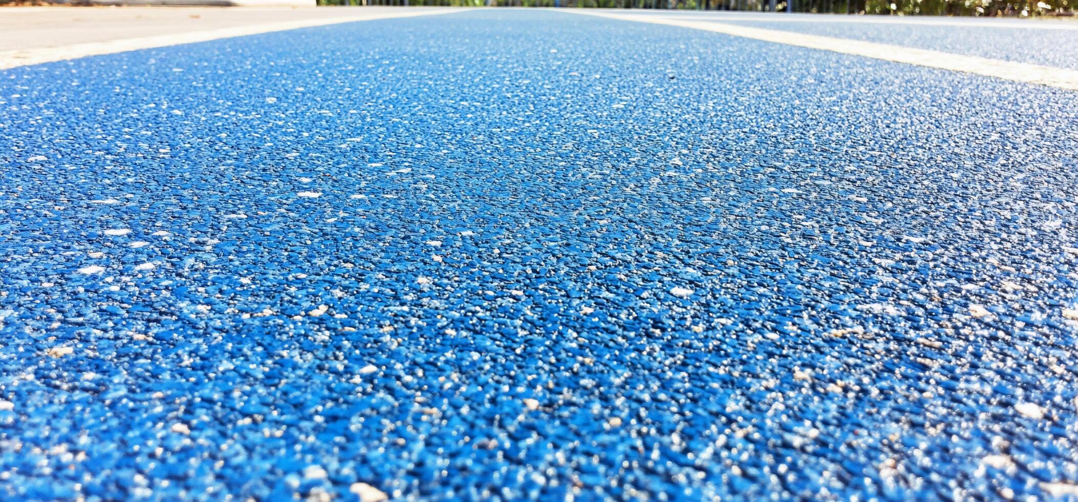 Close-up of a blue sports track surface with white lane markings. photo