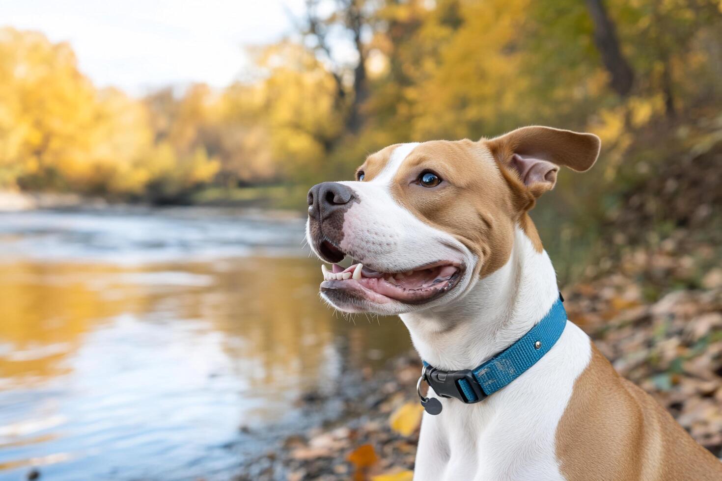 A happy dog by a river with autumn foliage in the background. photo