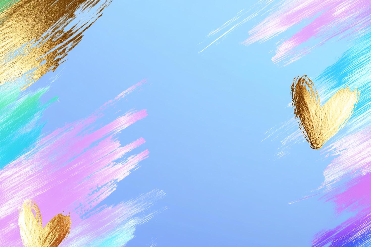 Colorful abstract background with golden hearts and vibrant brush strokes. photo