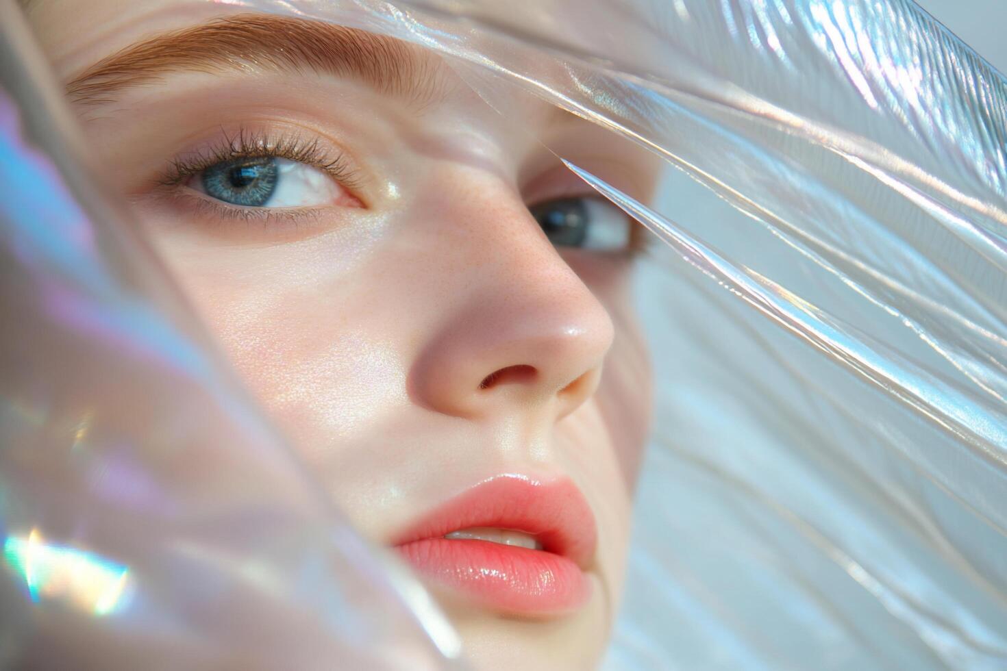 Close-up of a woman's face partially obscured by translucent material. photo