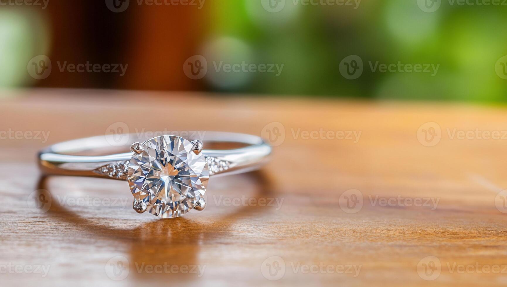 An engagement ring sitting on top of a wooden table photo