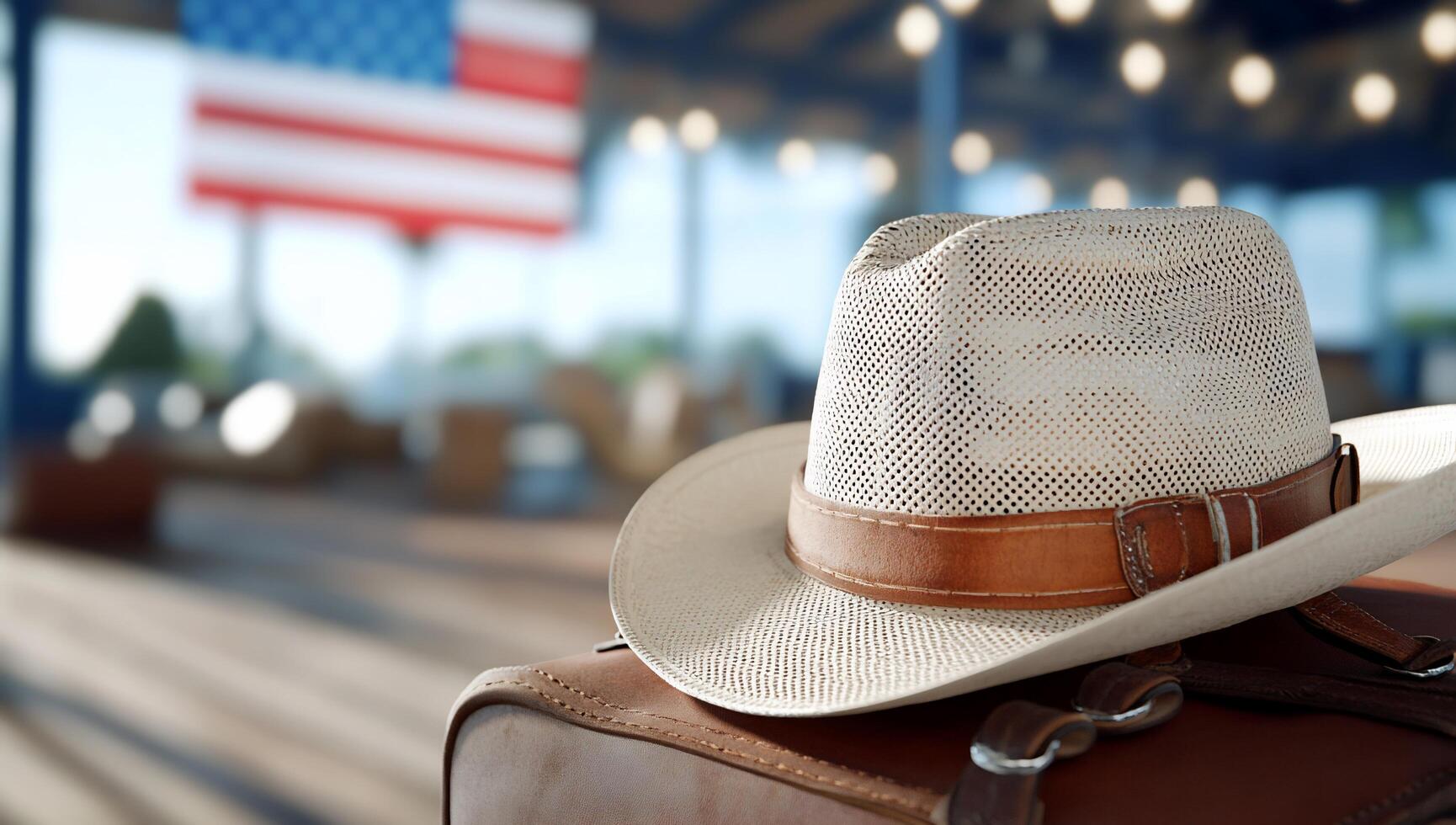 A cowboy hat rests on a suitcase with an American flag backdrop. photo
