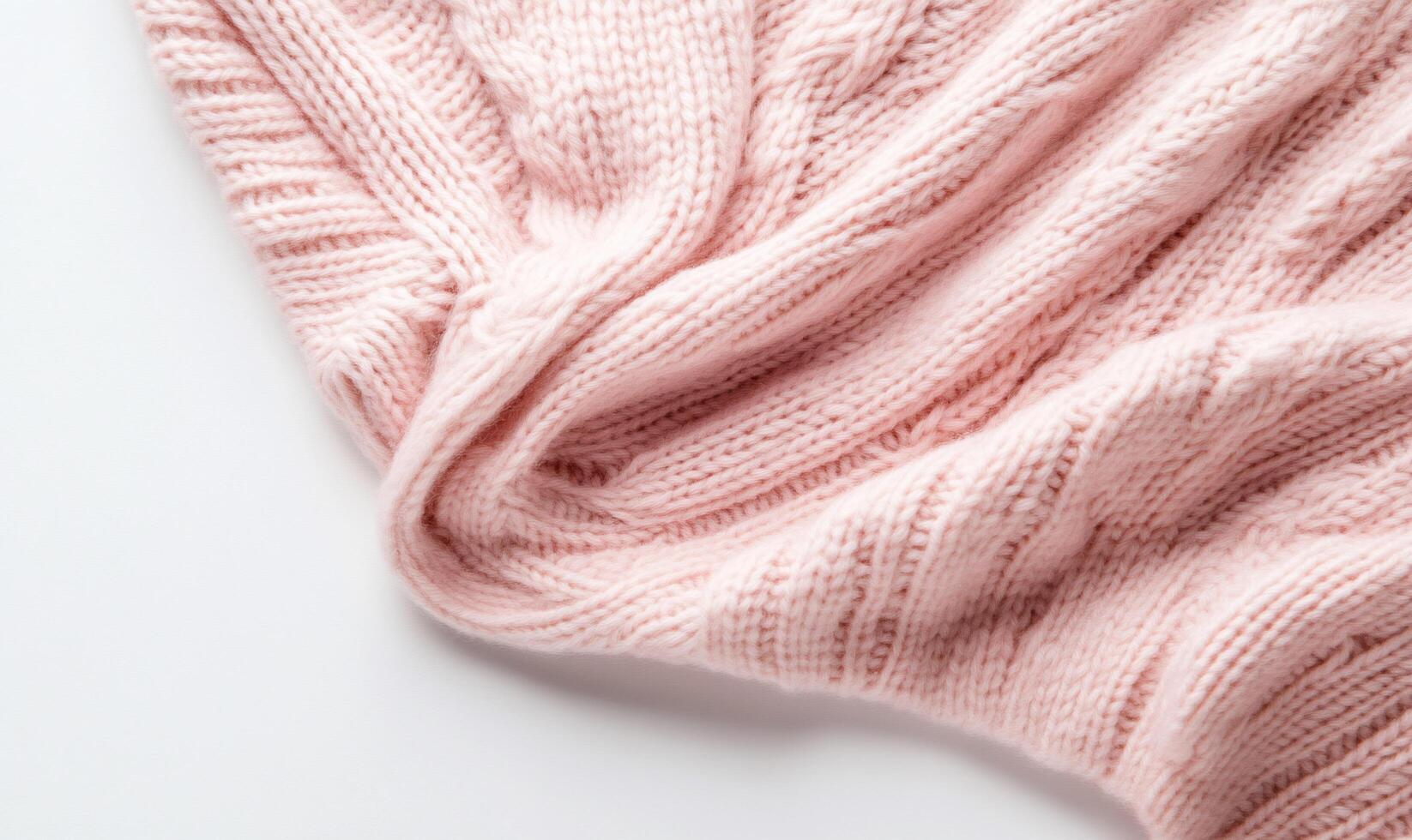 A soft pink knitted blanket draped elegantly on a white surface. photo