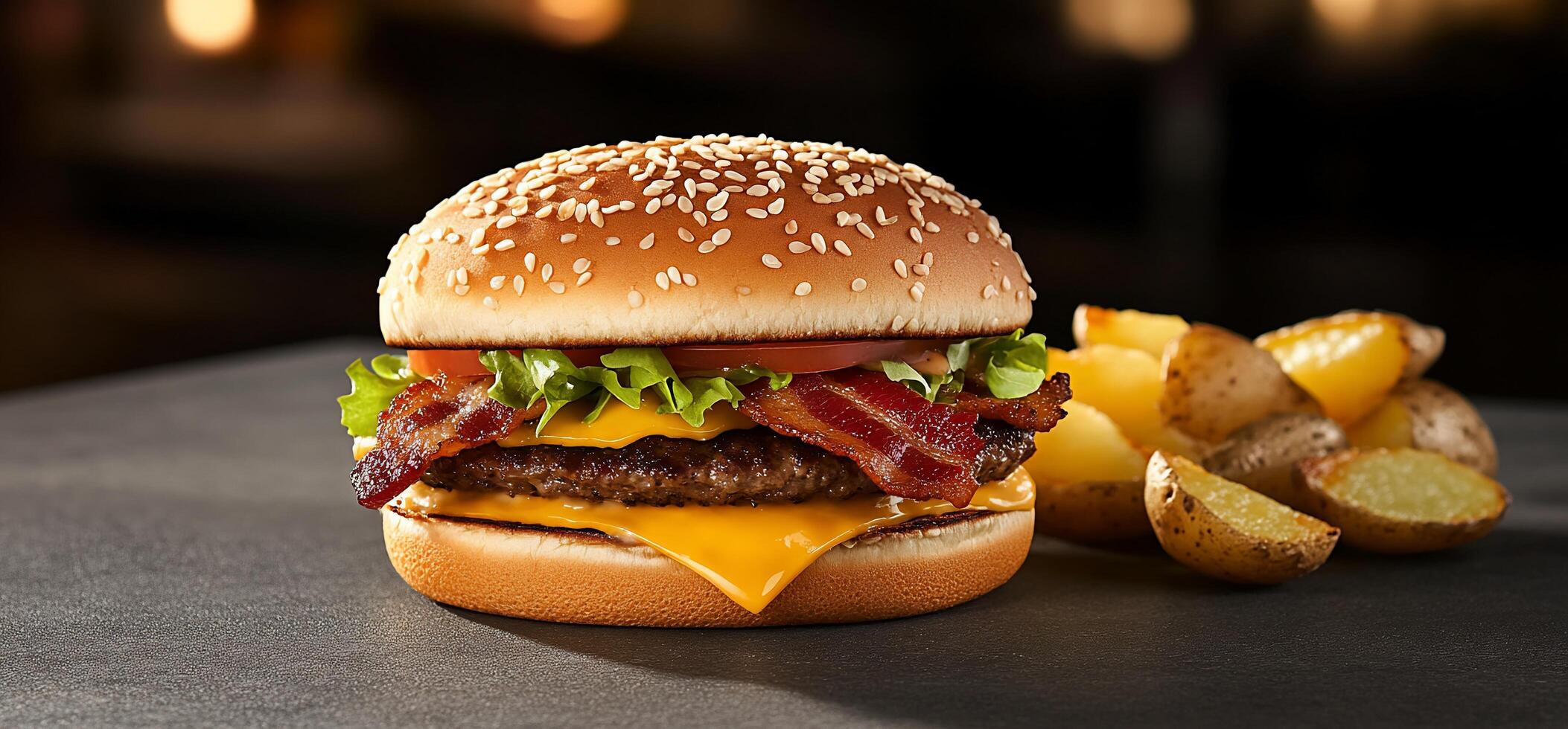 A delicious cheeseburger with bacon, lettuce, and a side of potatoes. photo