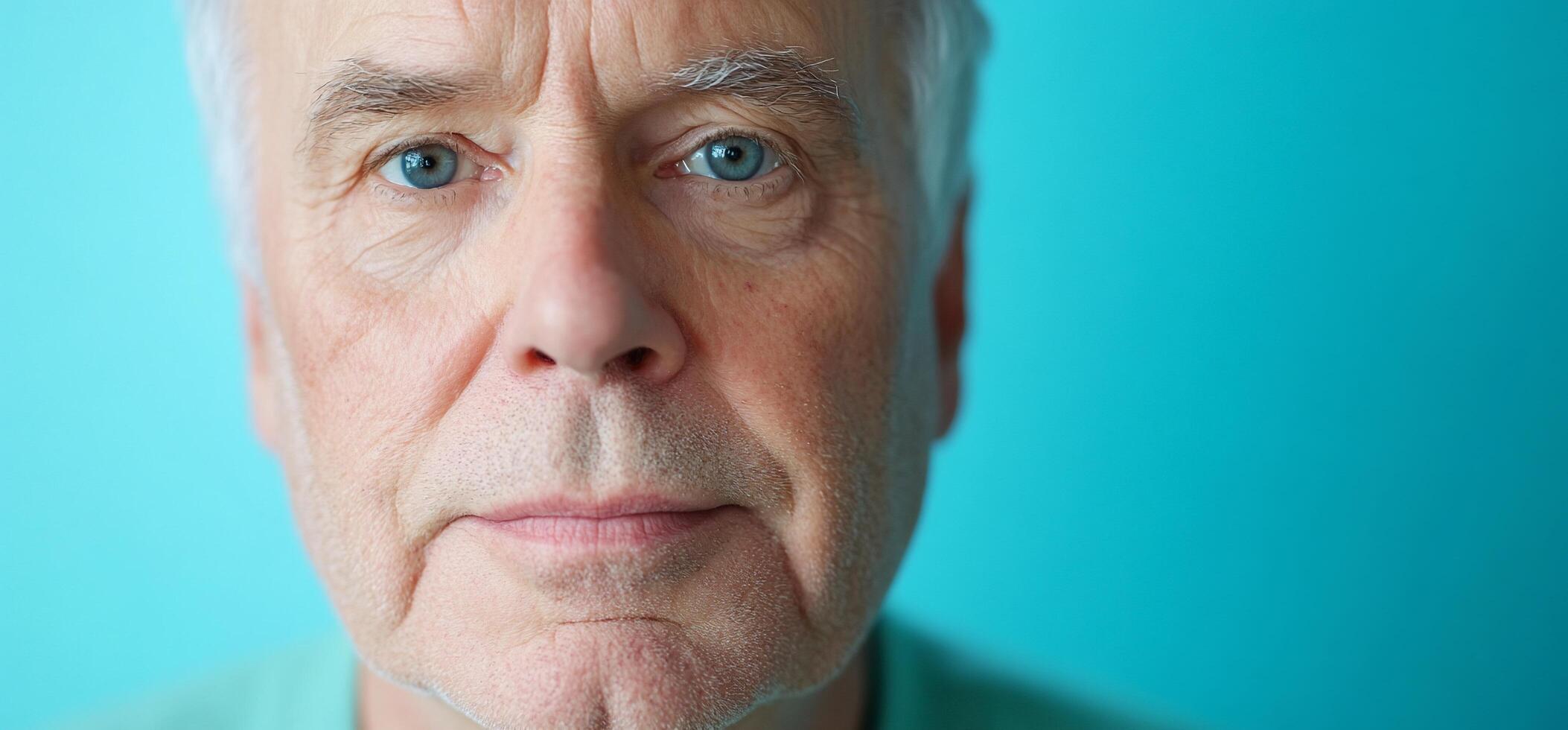 A close-up portrait of an older man against a blue background. photo