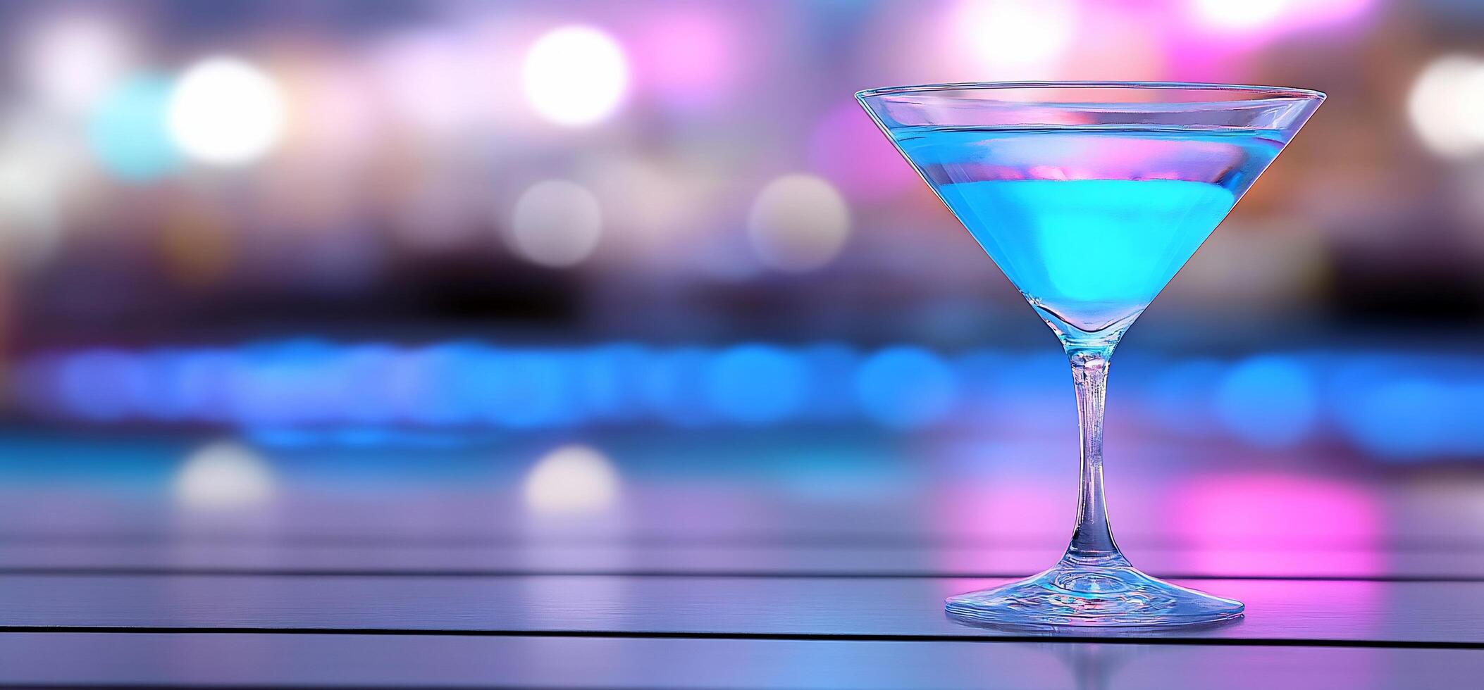 A vibrant blue cocktail in a stylish glass against a blurred background. photo