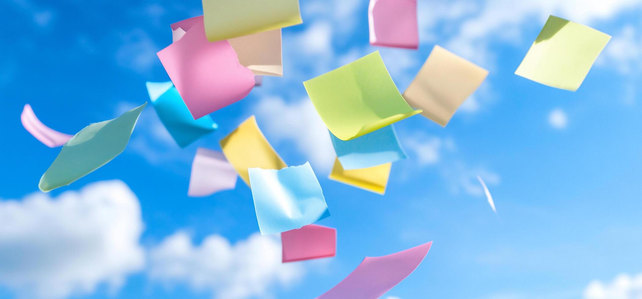 Colorful sticky notes floating against a blue sky with clouds. photo