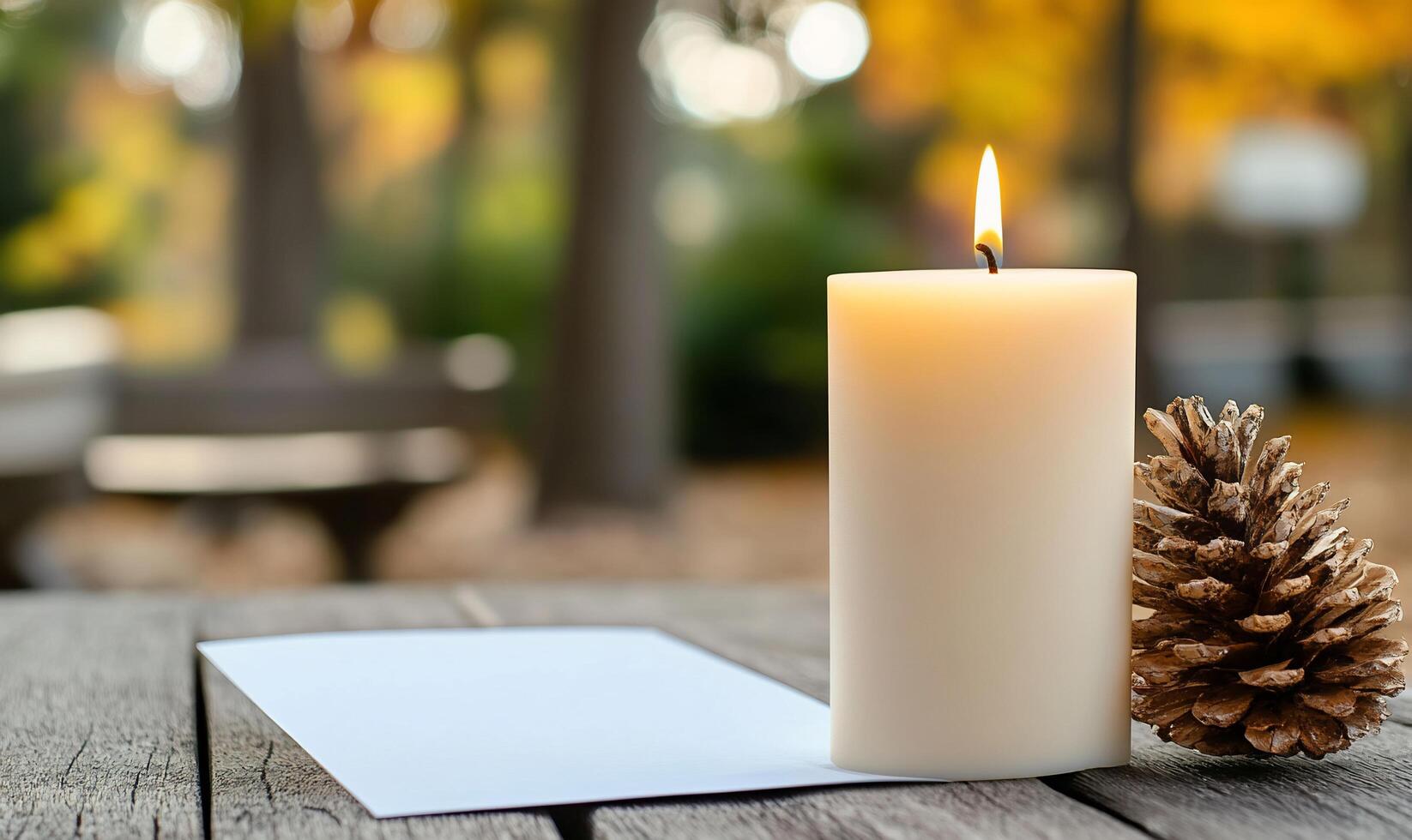 A serene setting with a lit candle, pine cone, and blank paper outdoors. photo