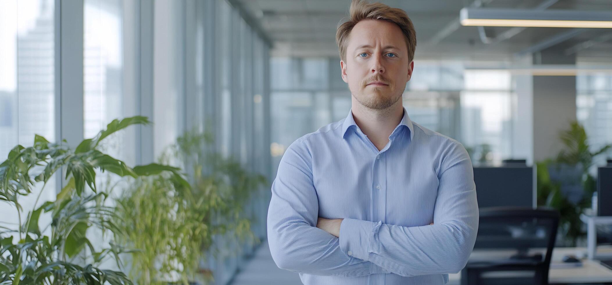 A confident man stands in a modern office with plants and workspaces. photo