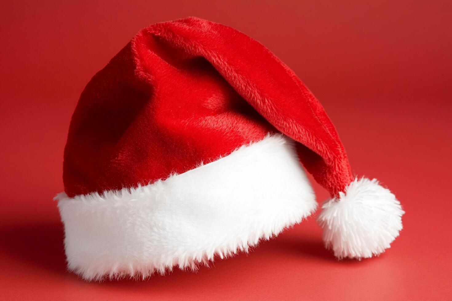 A festive red Santa hat with a white brim and pom-pom. photo