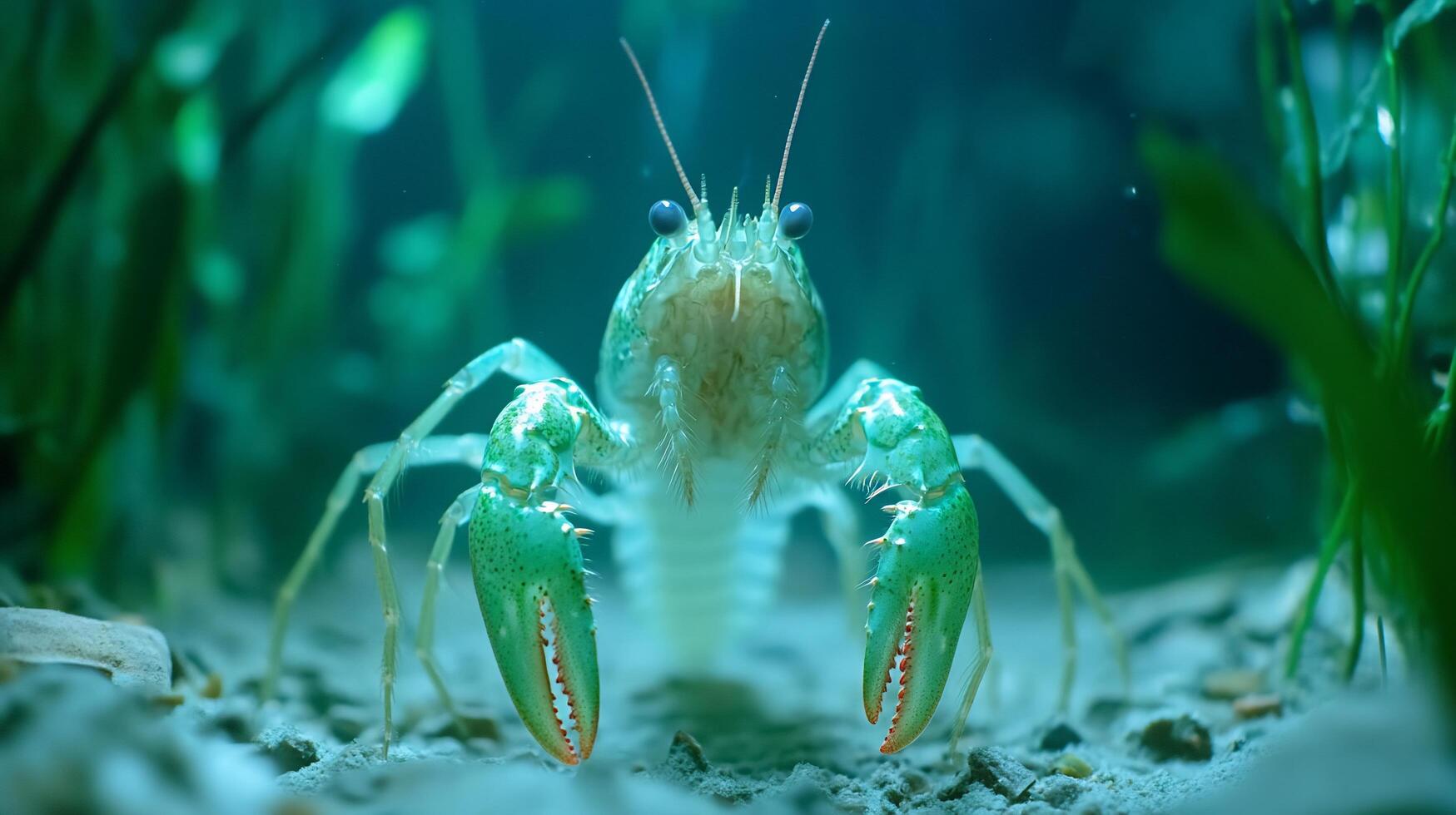 A close-up view of a lobster in an underwater environment. photo