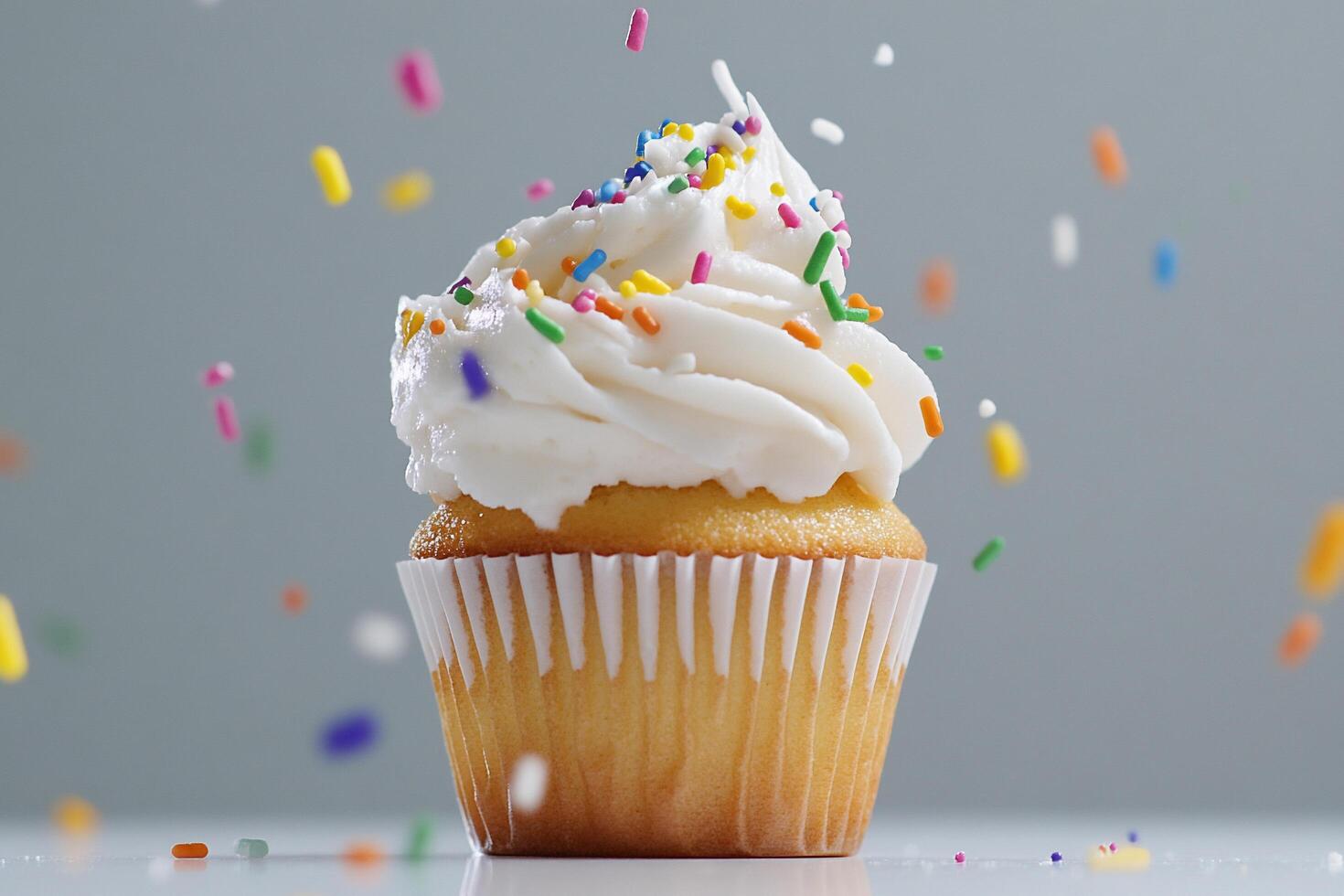 A delicious cupcake topped with frosting and colorful sprinkles. photo
