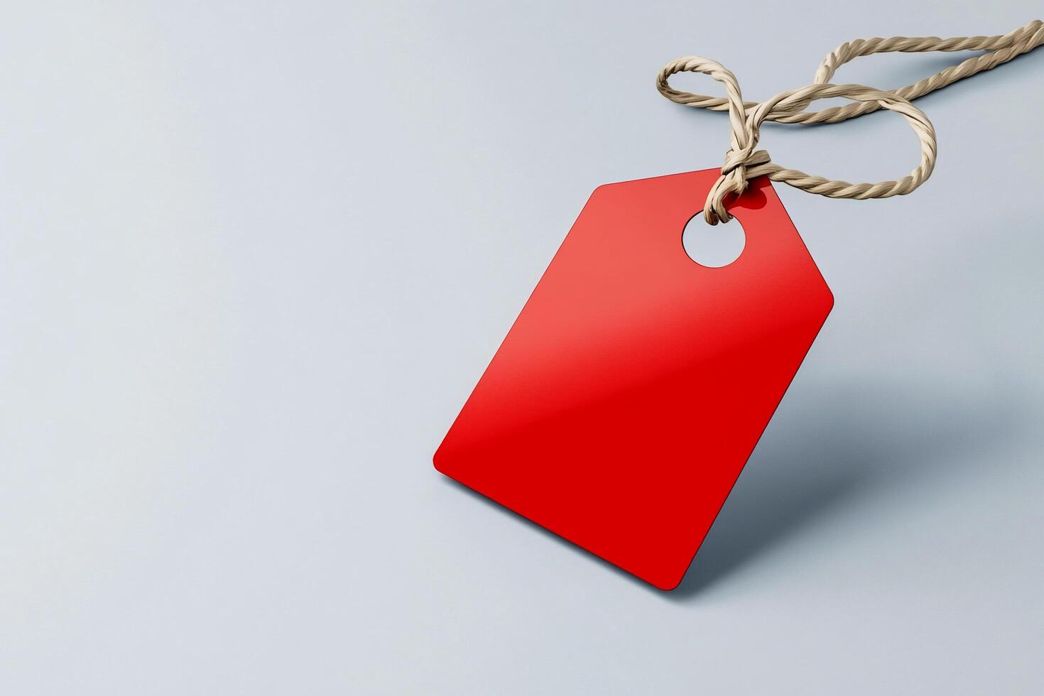 A red price tag with a rope, set against a light background. photo