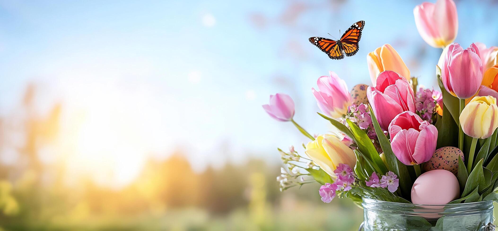 A vibrant spring bouquet with tulips and a butterfly in sunlight. photo