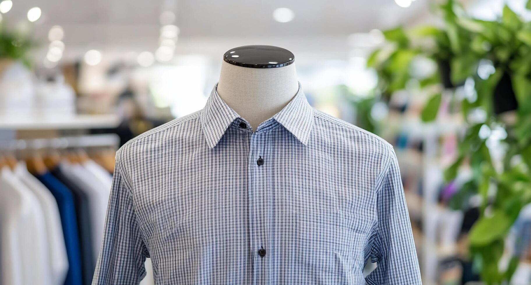 A mannequin displaying a blue checkered shirt in a retail setting. photo
