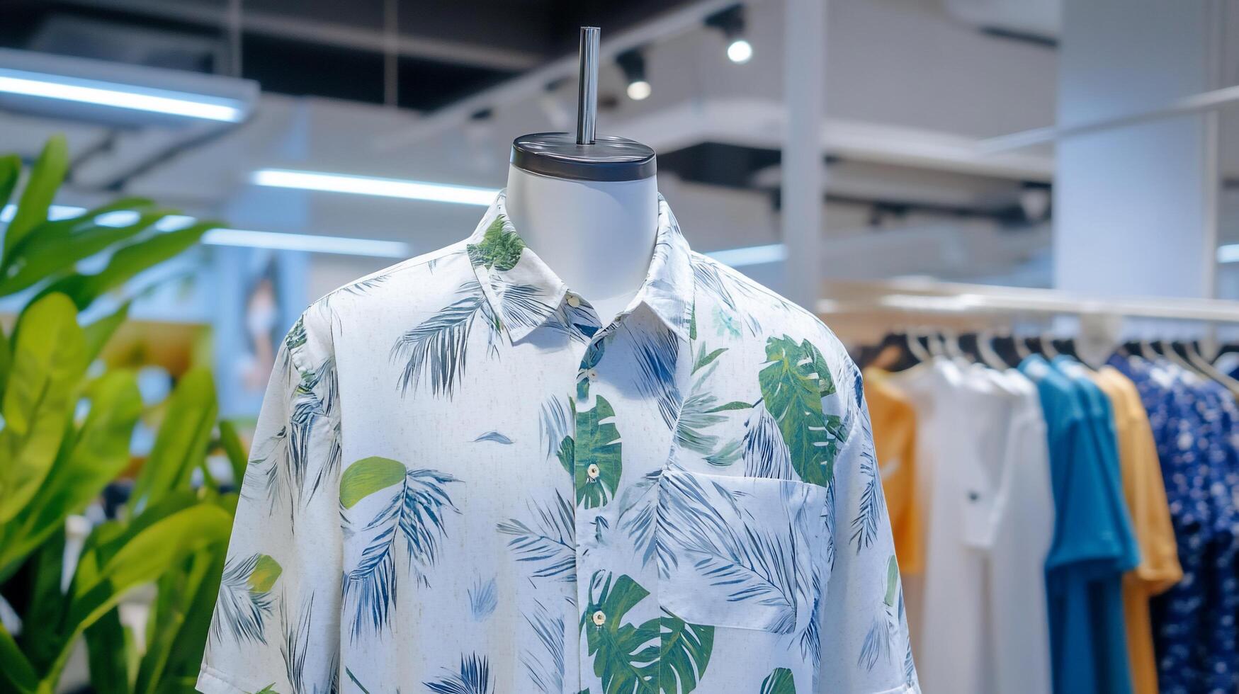 A stylish tropical shirt displayed on a mannequin in a retail setting. photo
