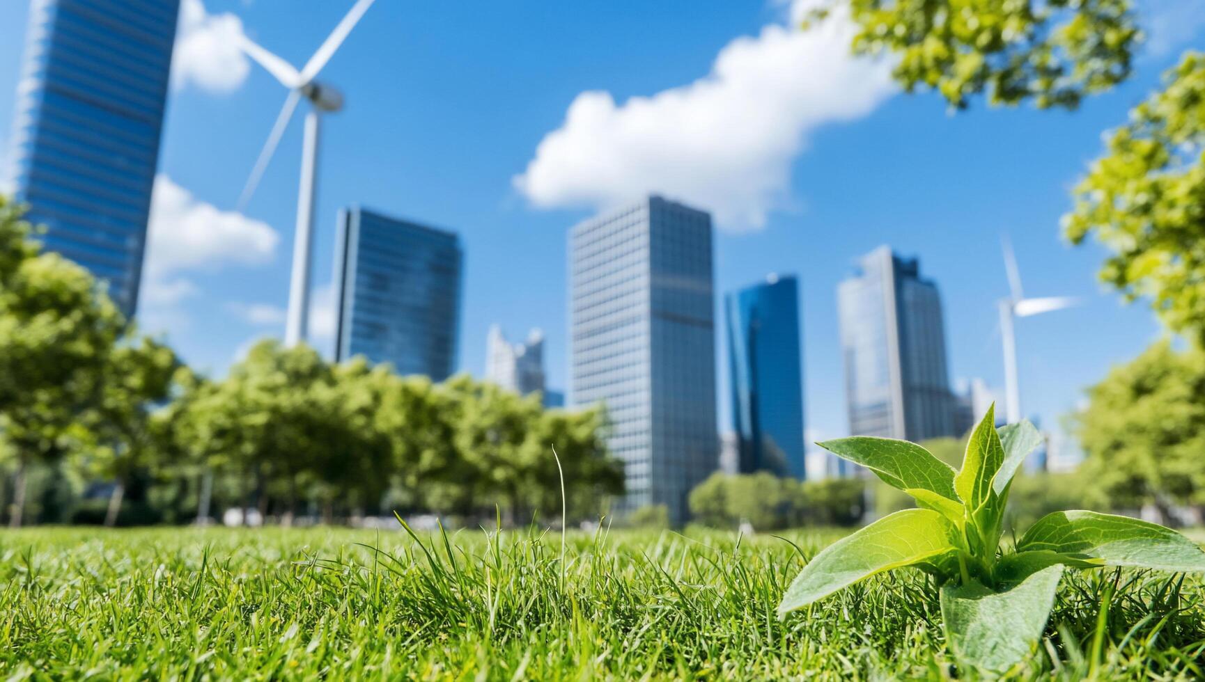 Urban landscape with greenery and wind turbines promoting sustainability. photo