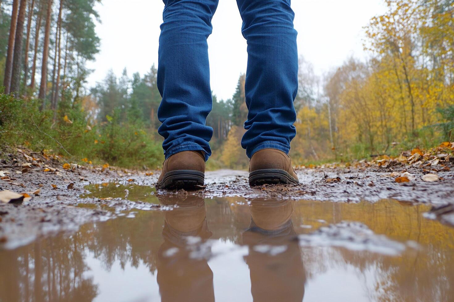 A person standing in a puddle on a forest path during autumn. photo