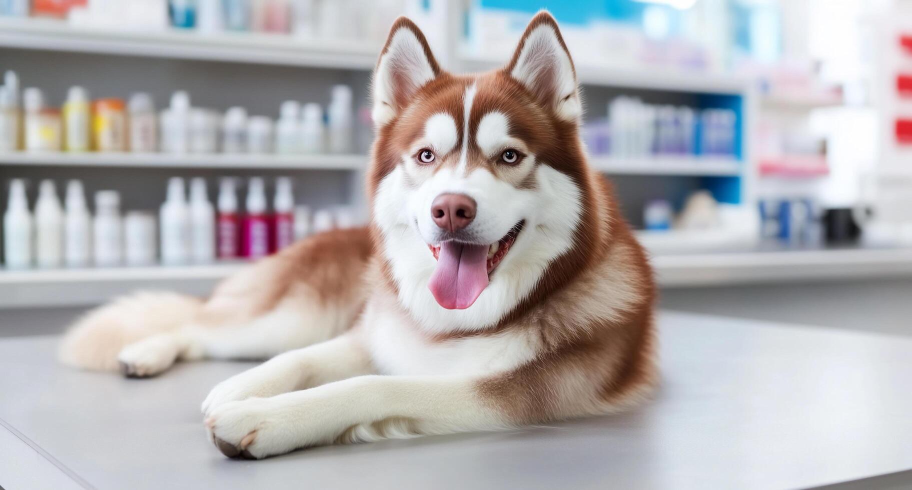 A friendly Siberian Husky lounging in a pet care environment. photo