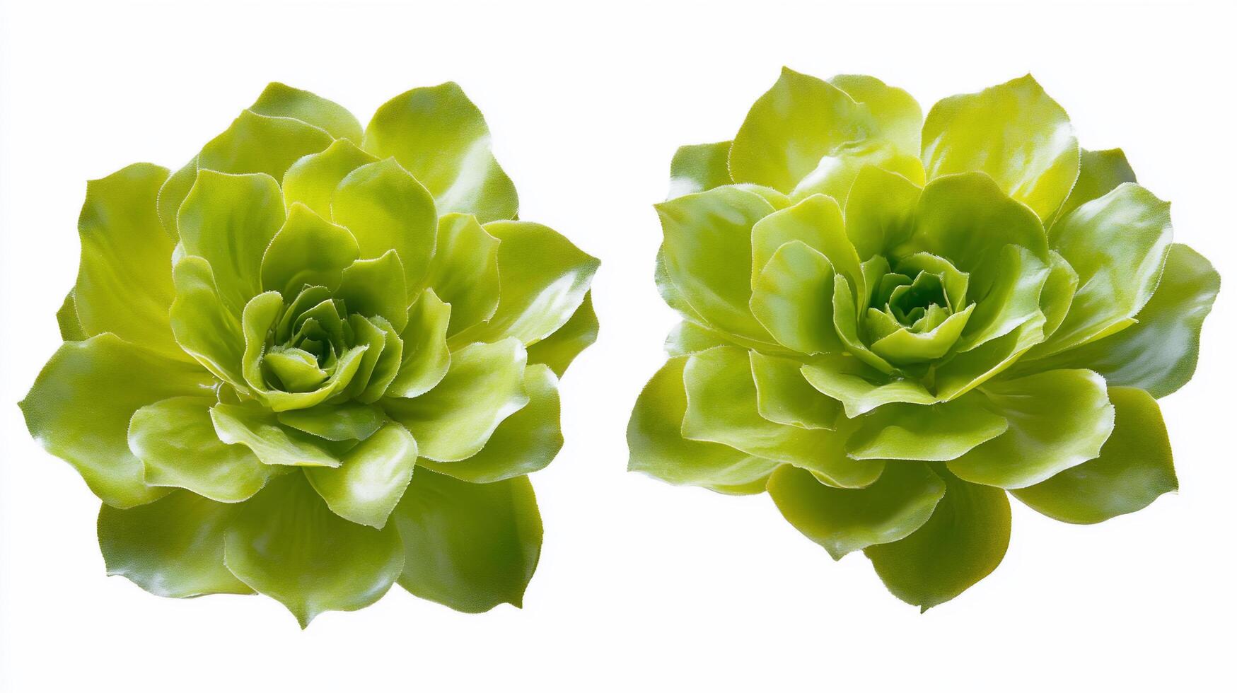 Two vibrant green succulent plants displayed side by side. photo
