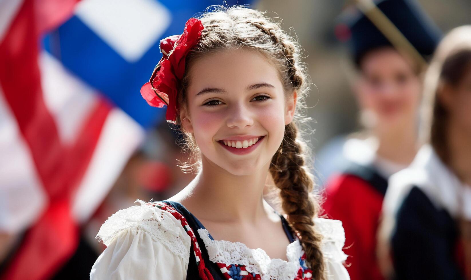 A smiling girl in traditional attire at a cultural event. photo