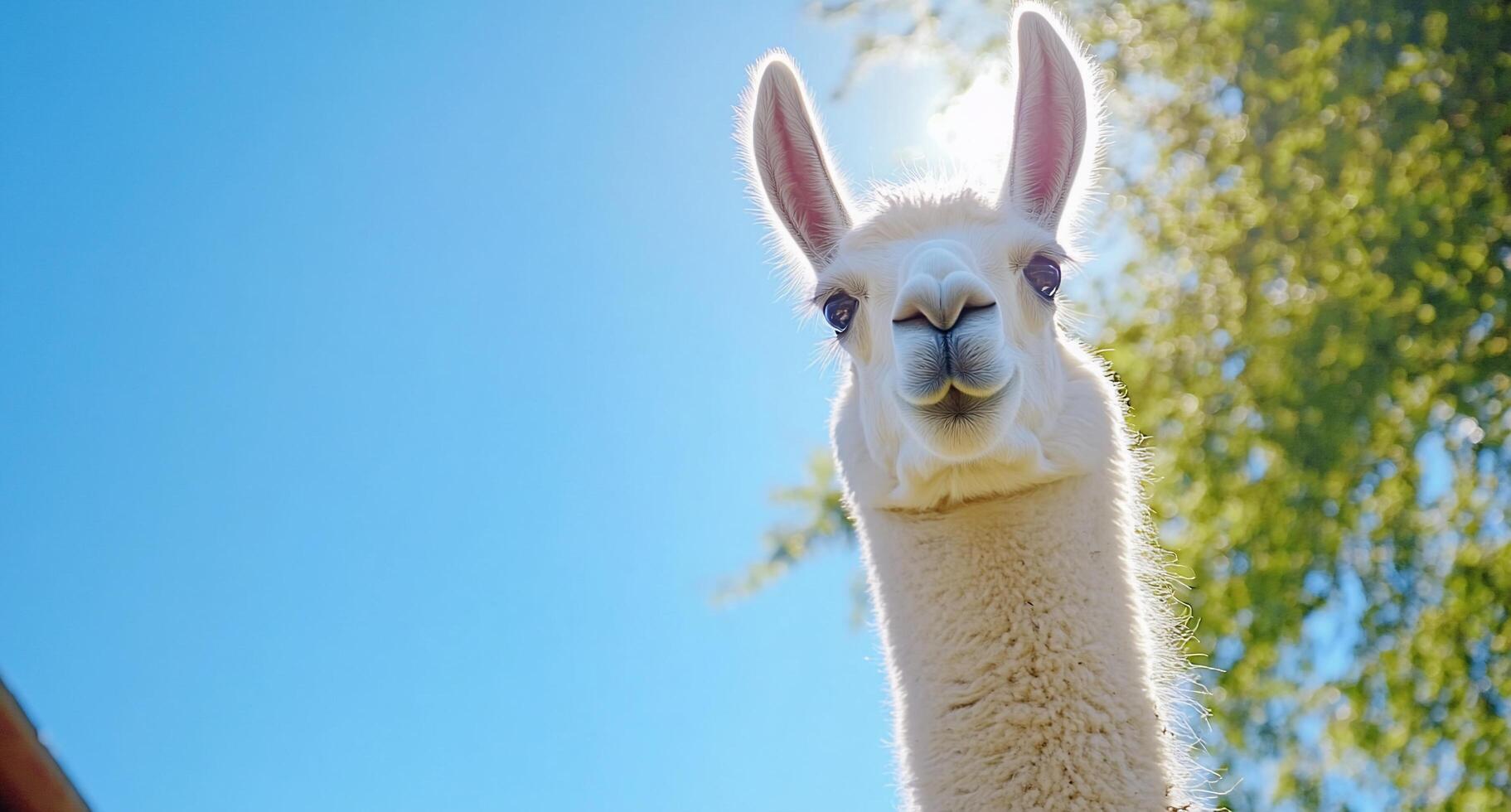 A close-up of a llama against a bright blue sky. photo