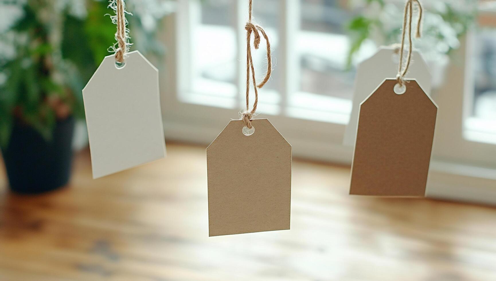 Three hanging tags in a bright indoor setting with wooden flooring. photo