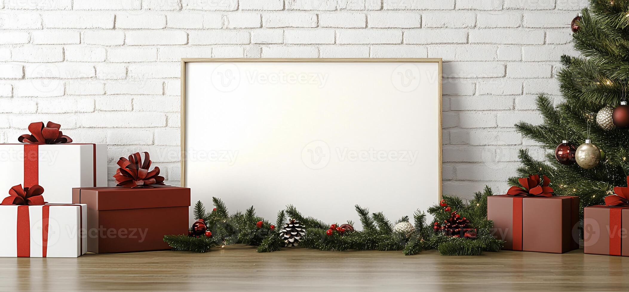 Christmas tree, presents and blank white frame with text photo