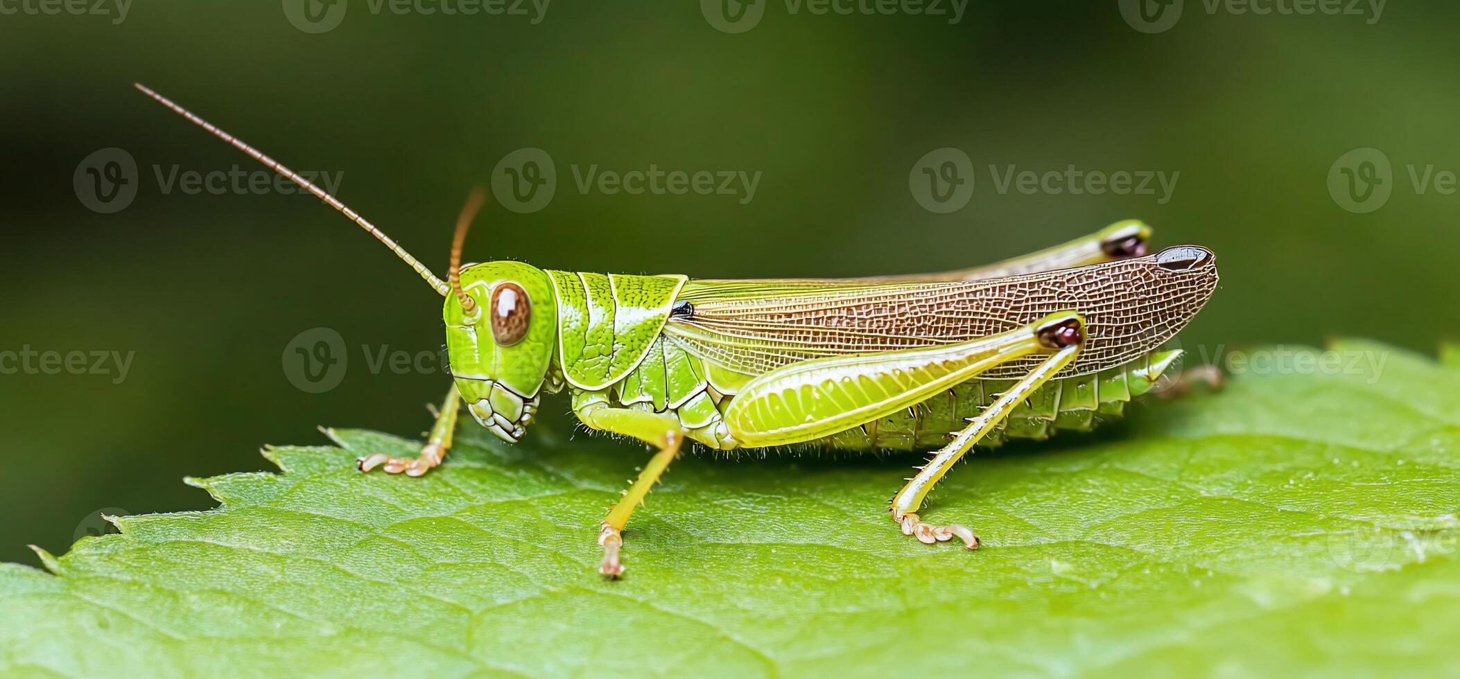 A grasshopper is sitting on a green leaf photo