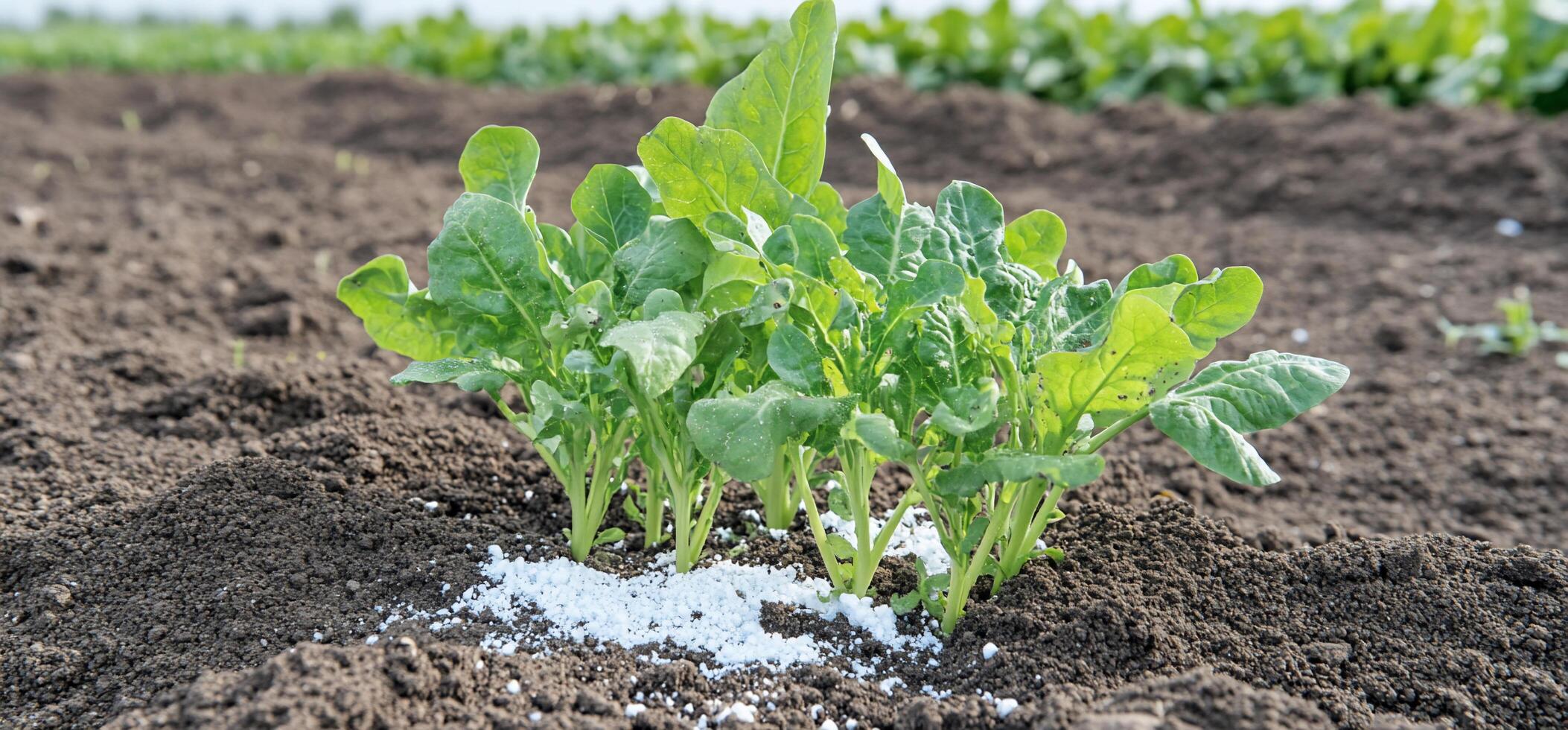 Young spinach plants growing in fertile soil with fertilizer. photo