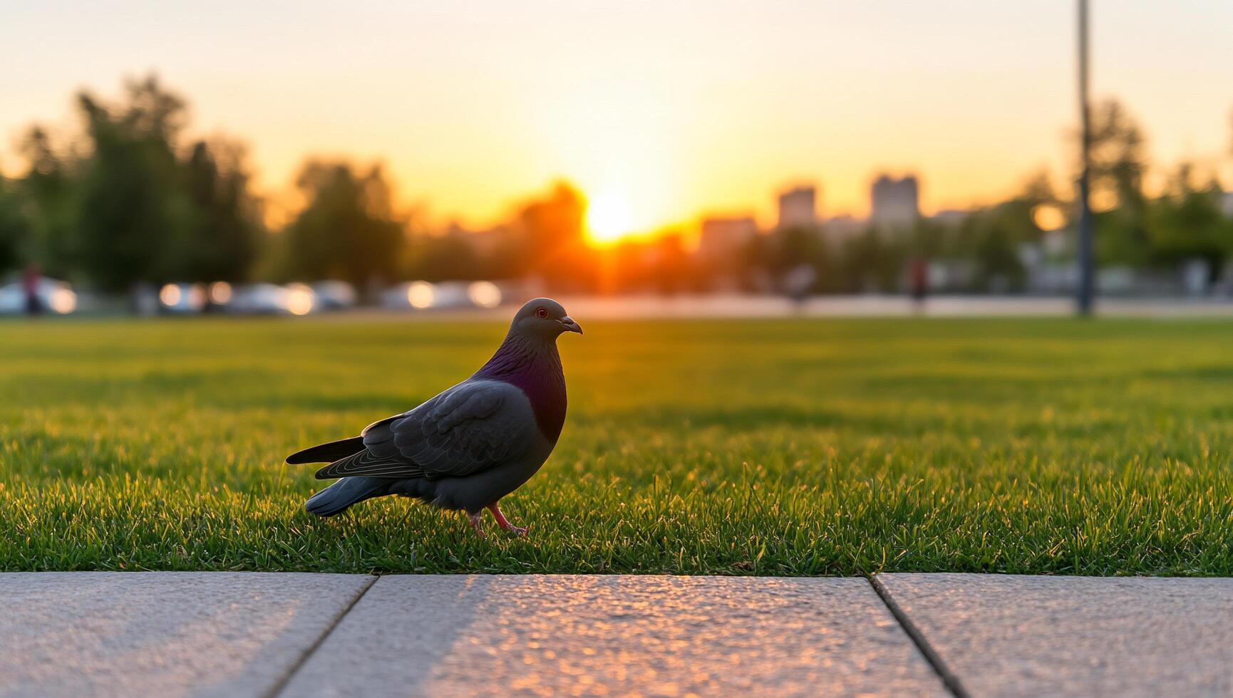 A pigeon walks on a path with a sunset backdrop in a park. photo
