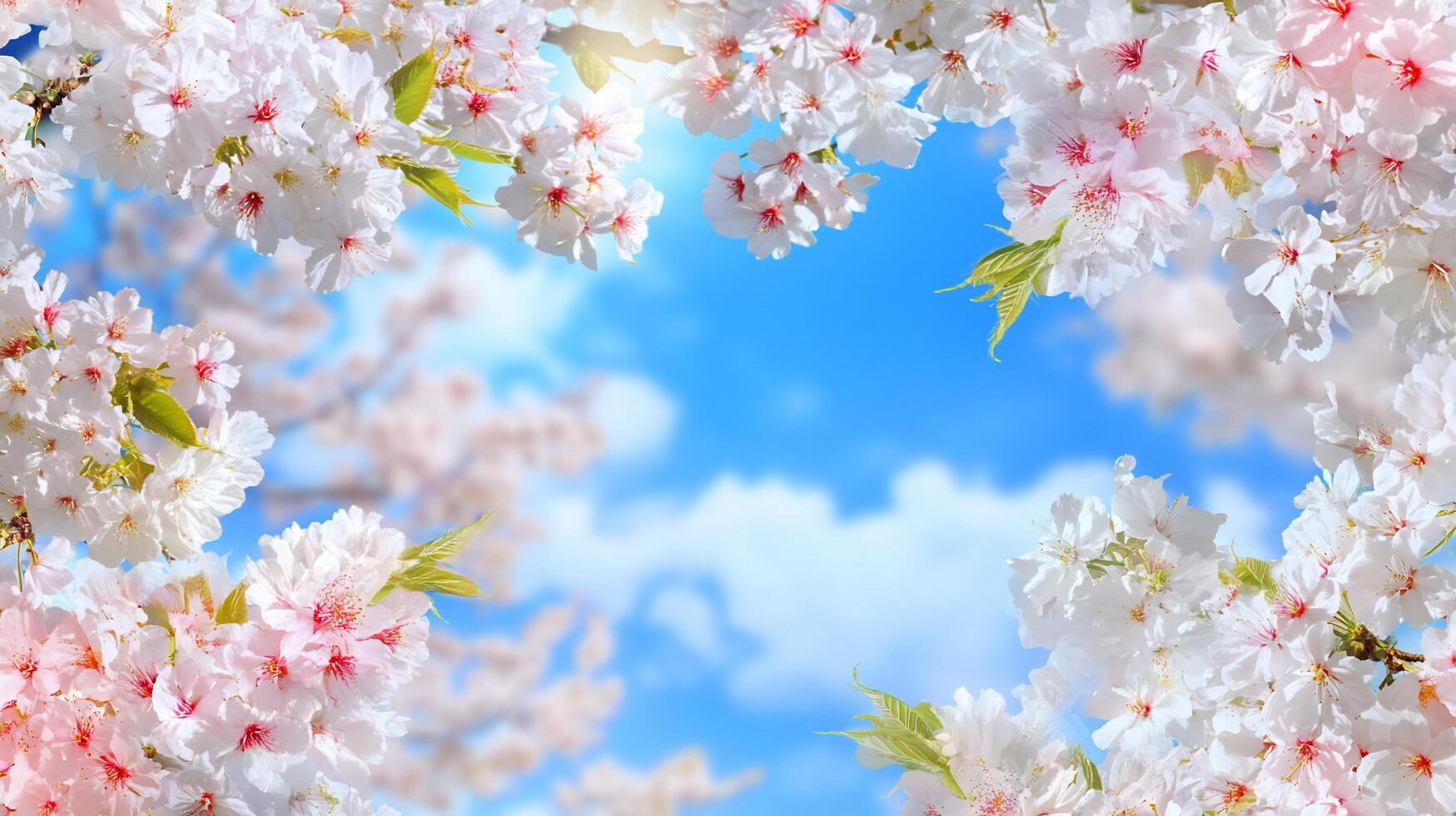 A serene view framed by blooming cherry blossoms against a blue sky. photo