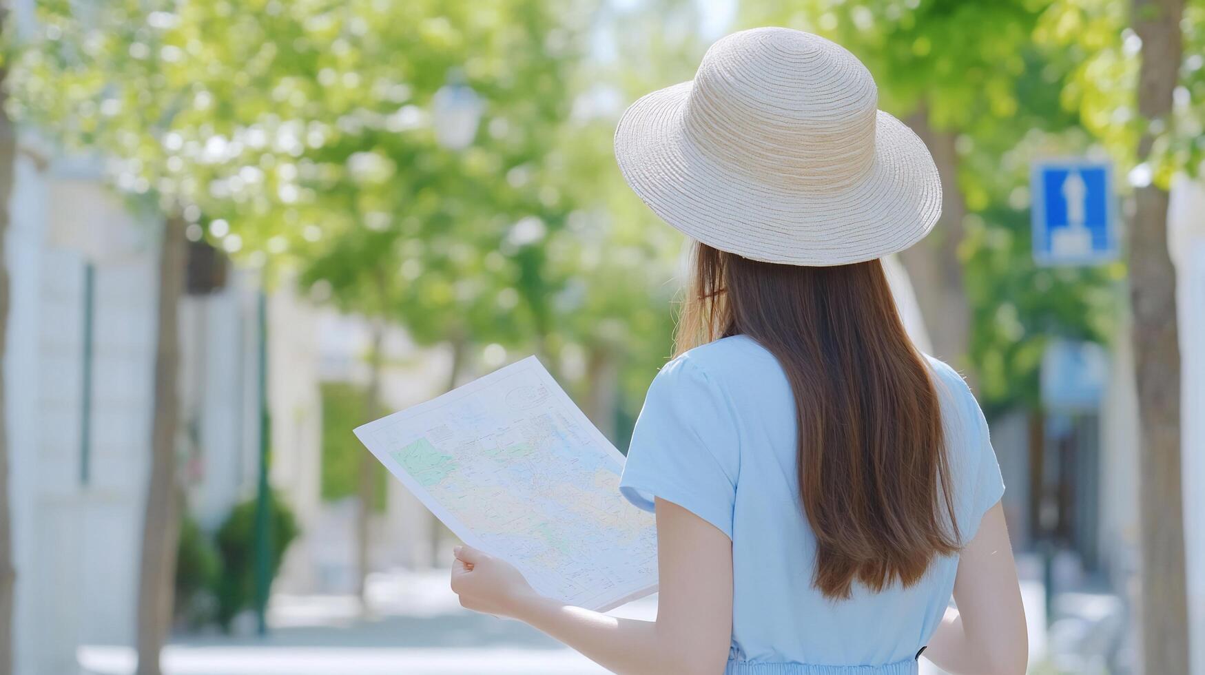 A woman in a hat studies a map while walking in a sunny street. photo