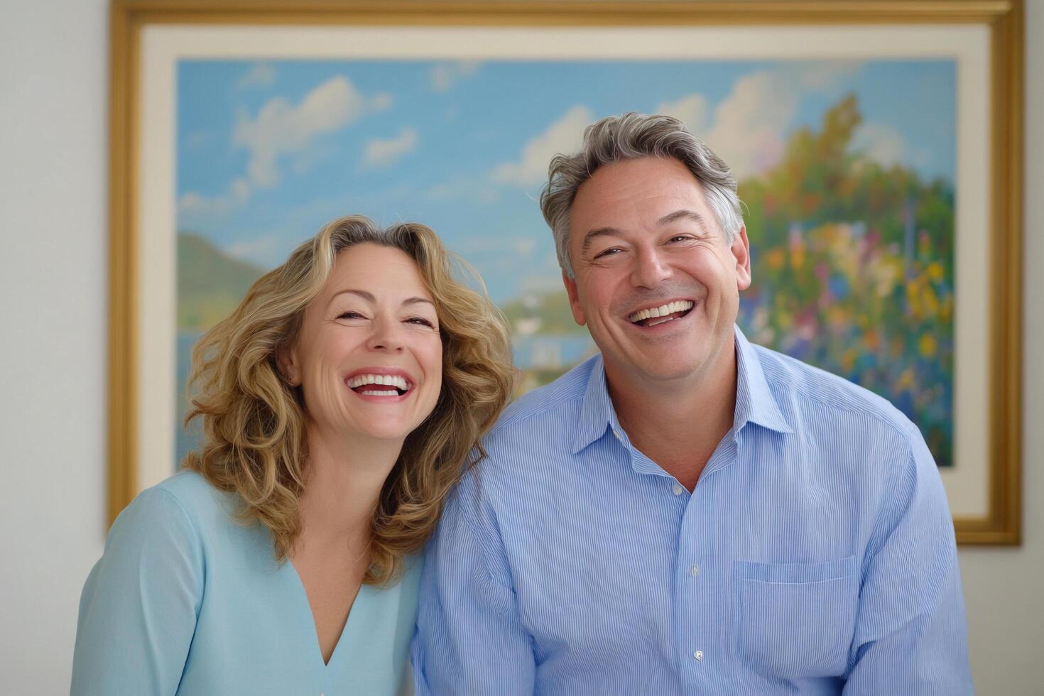 Two smiling adults pose together in front of a colorful painting. photo