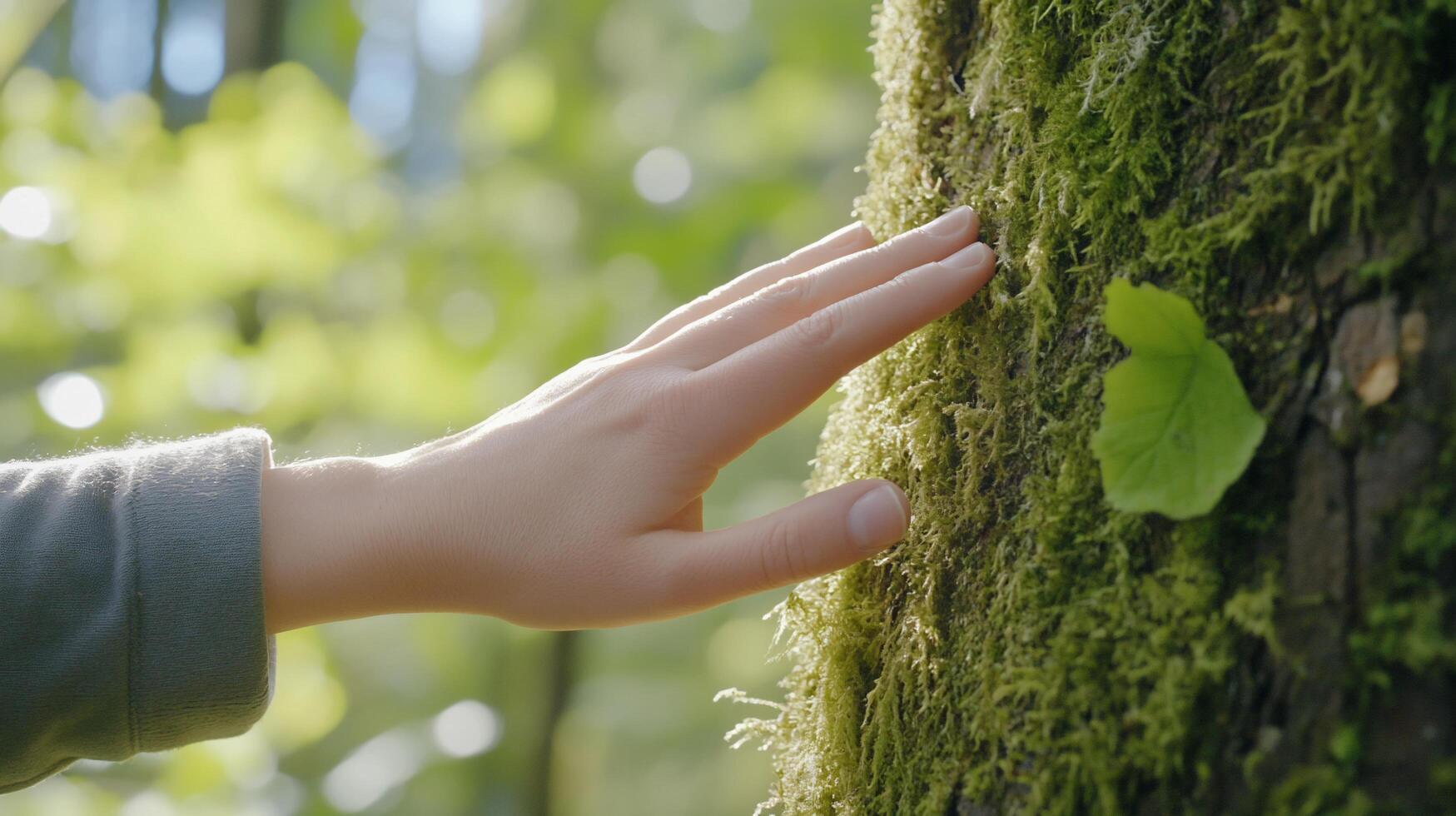 A hand gently touches a moss-covered tree in a lush forest setting. photo
