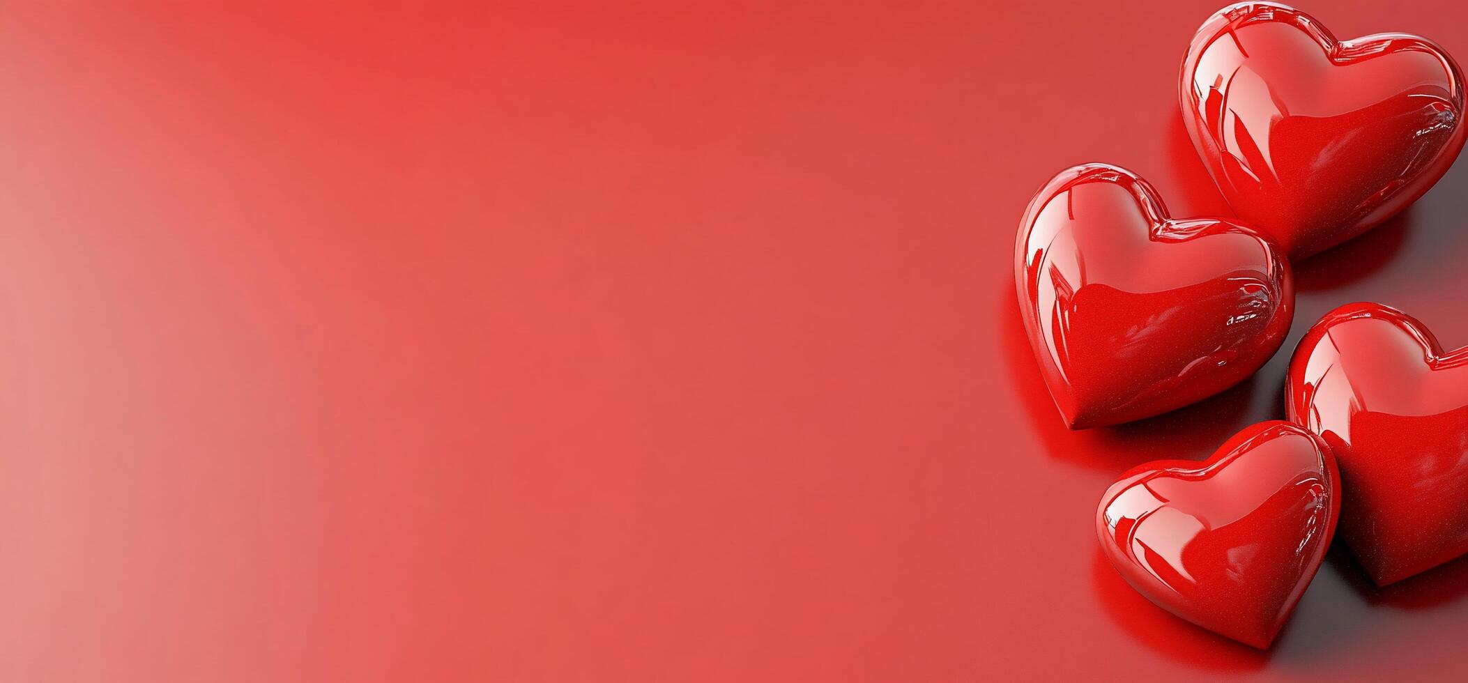 A vibrant red background featuring four glossy red heart shapes. photo