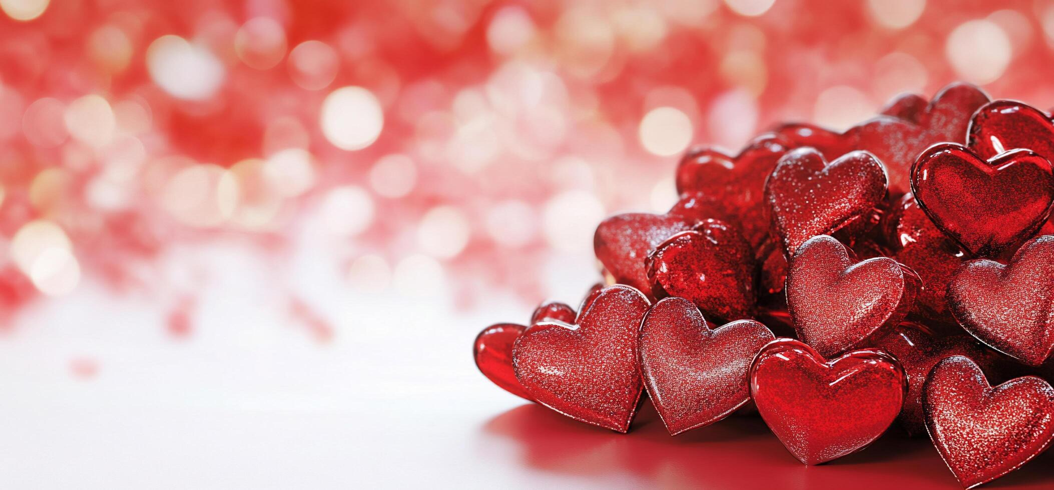 A pile of shiny red heart-shaped decorations on a blurred background. photo