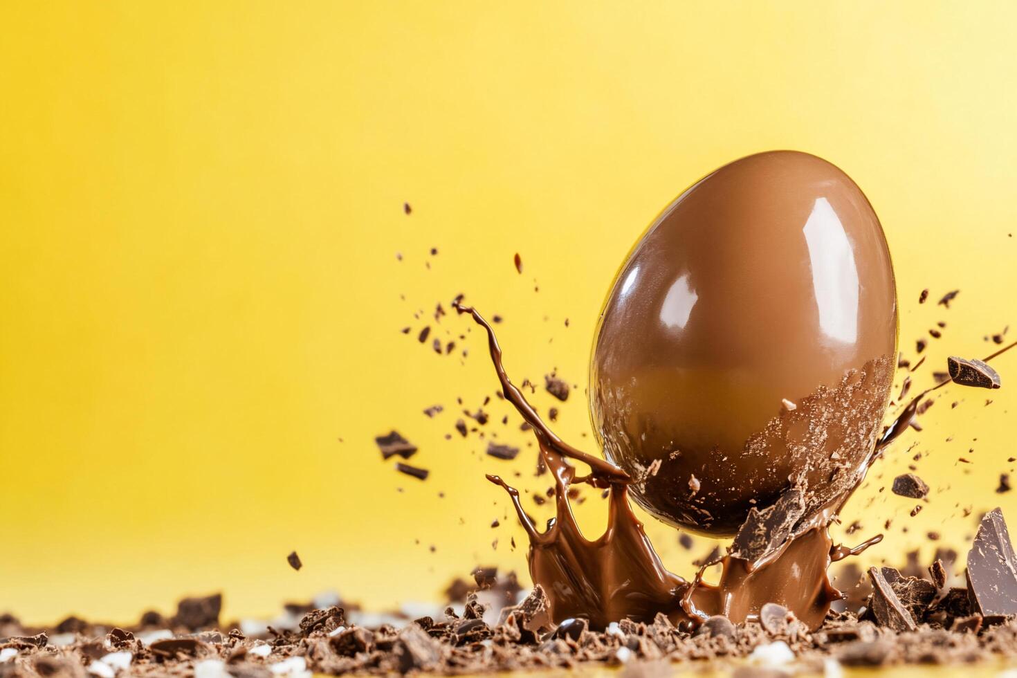 A chocolate egg splashes in melted chocolate against a vibrant yellow background. photo