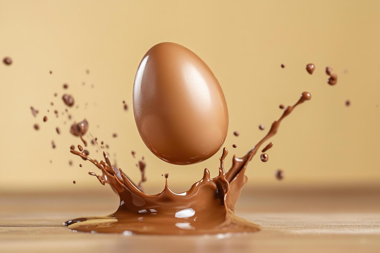 A chocolate splash with an egg hovering above it. photo