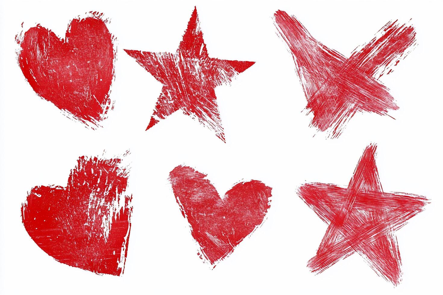 A collection of textured red hearts and stars on a white background. photo