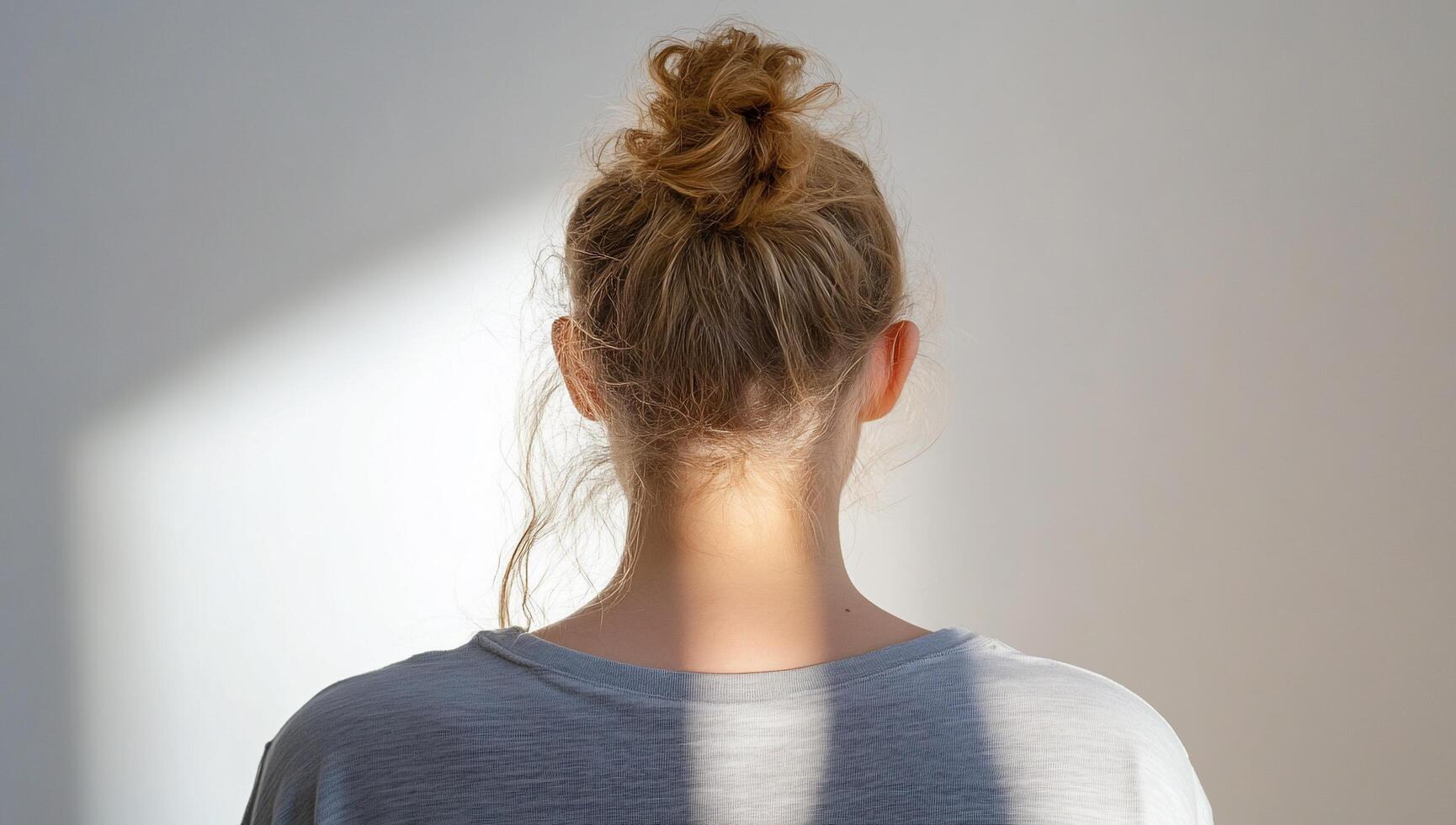A person's back view with a bun hairstyle against a softly lit wall. photo