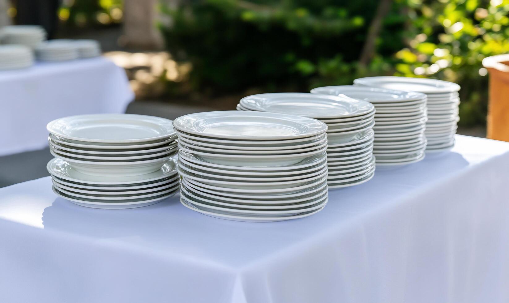 A stack of white plates arranged neatly on a table outdoors. photo