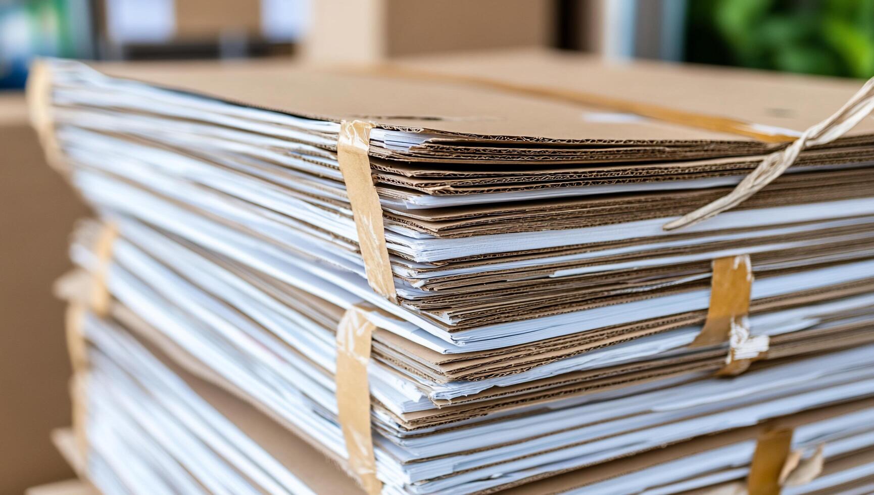 Stacked cardboard boxes filled with organized sheets of paper. photo