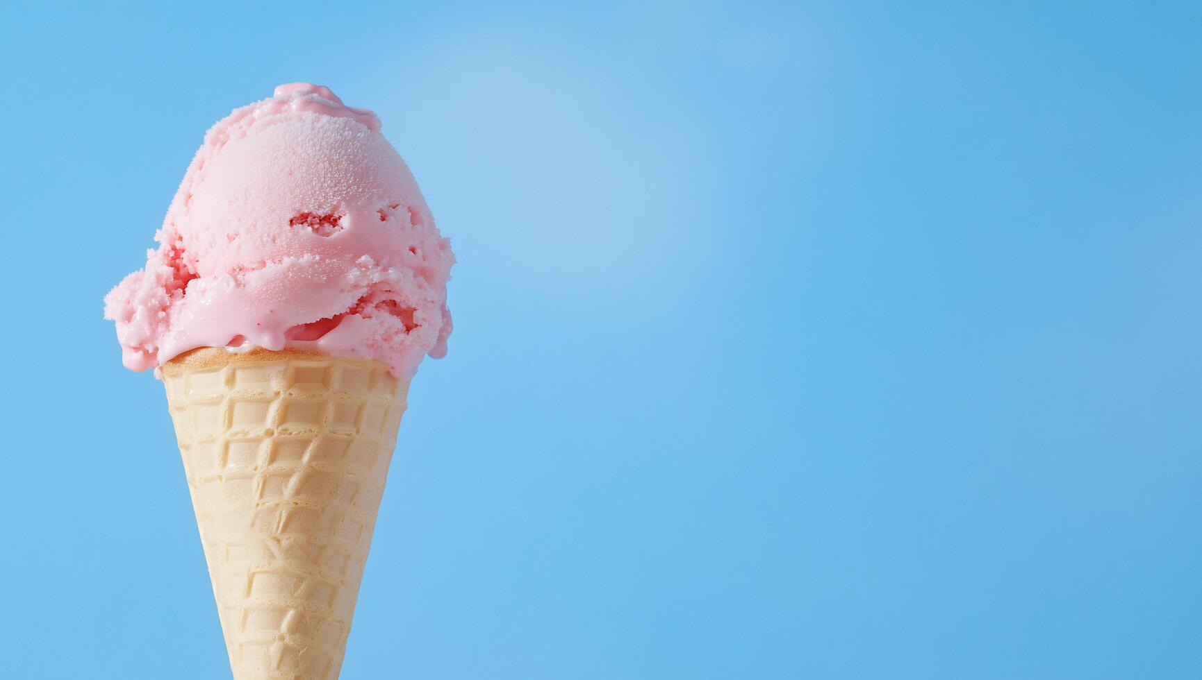 A pink ice cream scoop atop a waffle cone against a blue sky. photo