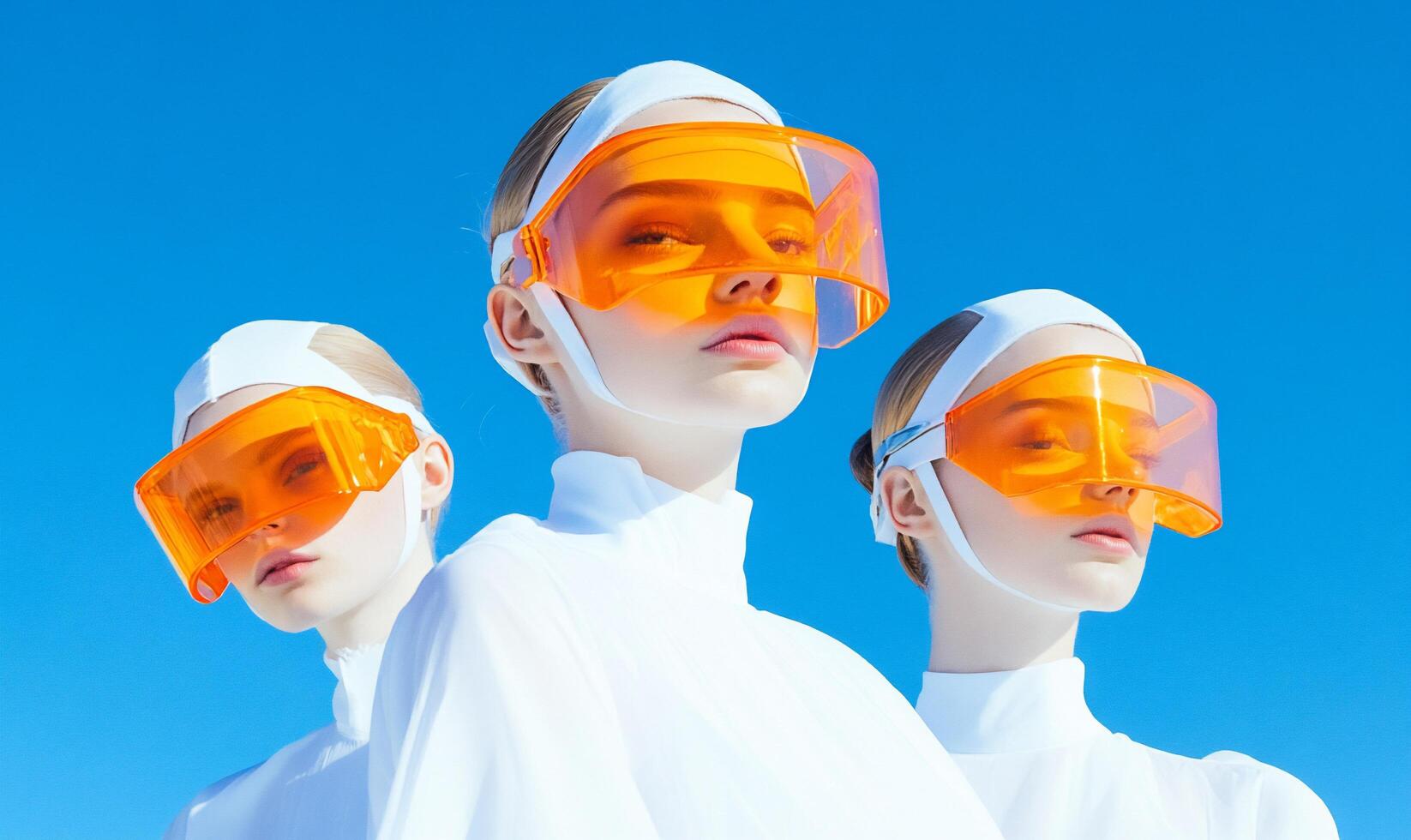 Three models in futuristic attire with orange visors against a blue sky. photo