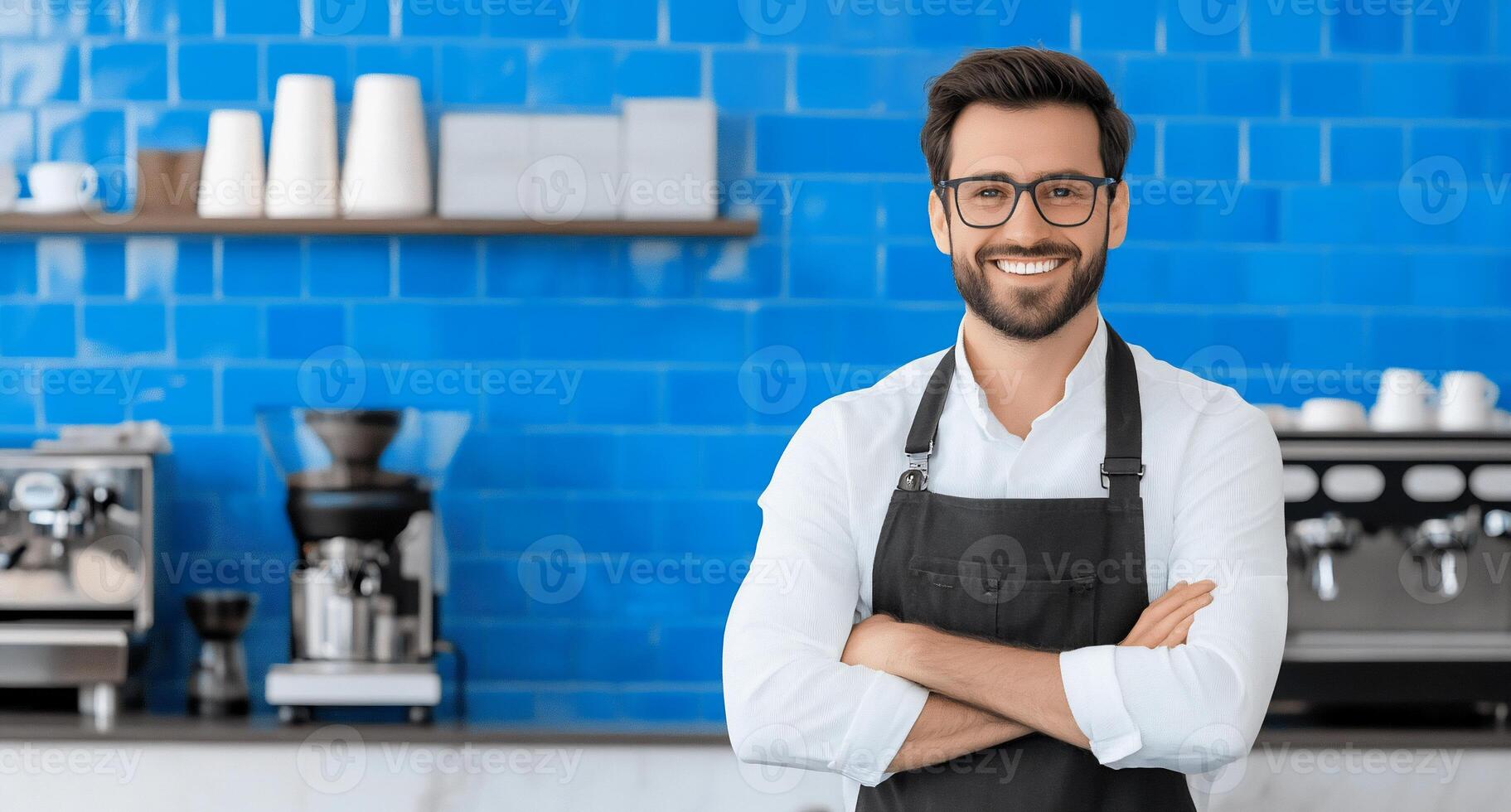 A smiling man in apron standing in front of a coffee shop photo