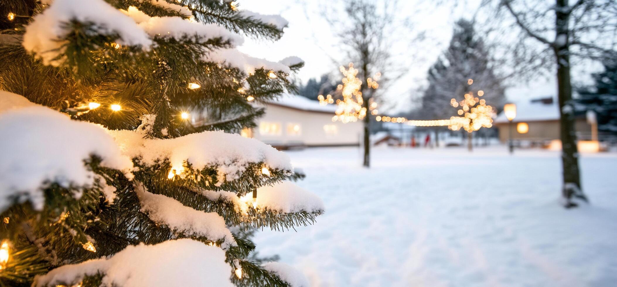 A snowy landscape featuring a decorated tree and soft lighting. photo
