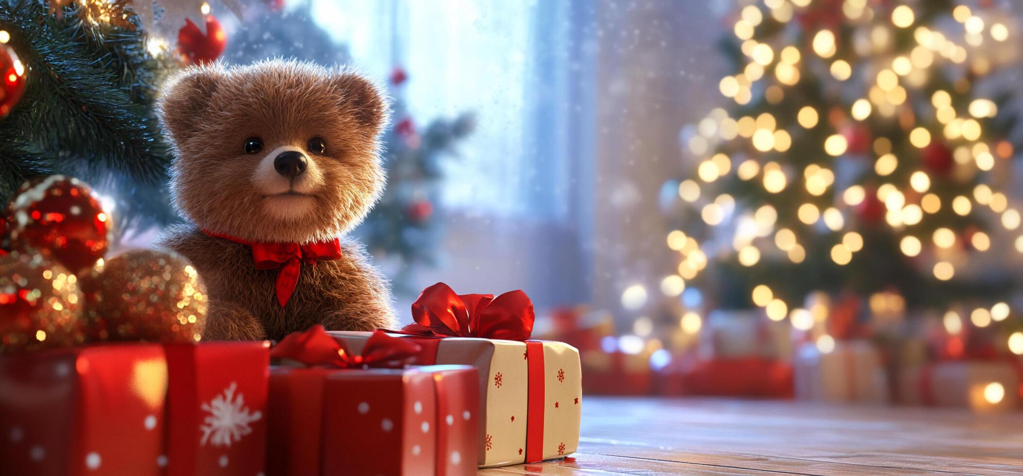 A cozy scene featuring a teddy bear among Christmas decorations and gifts. photo