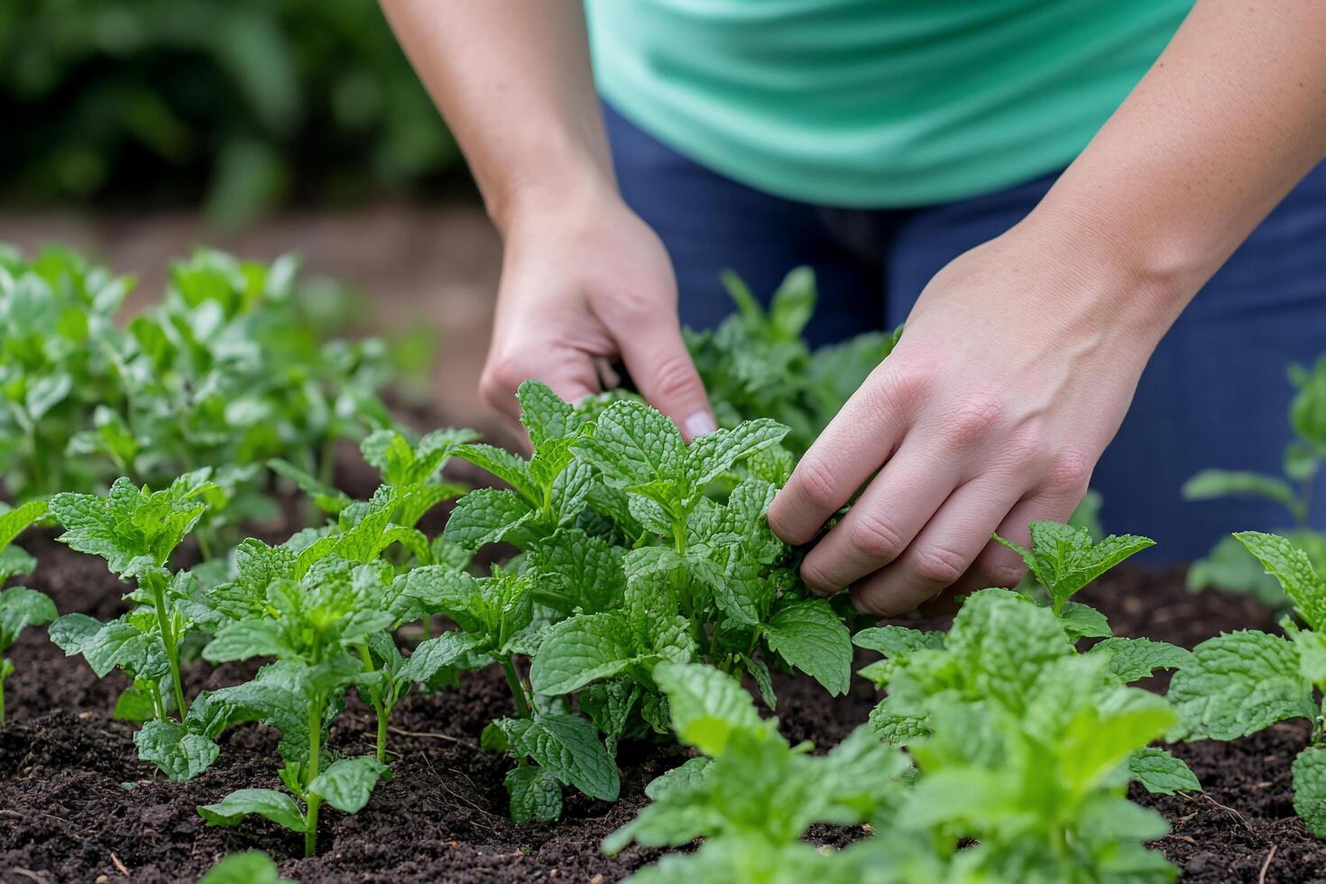 A person tending to mint plants in a garden. photo